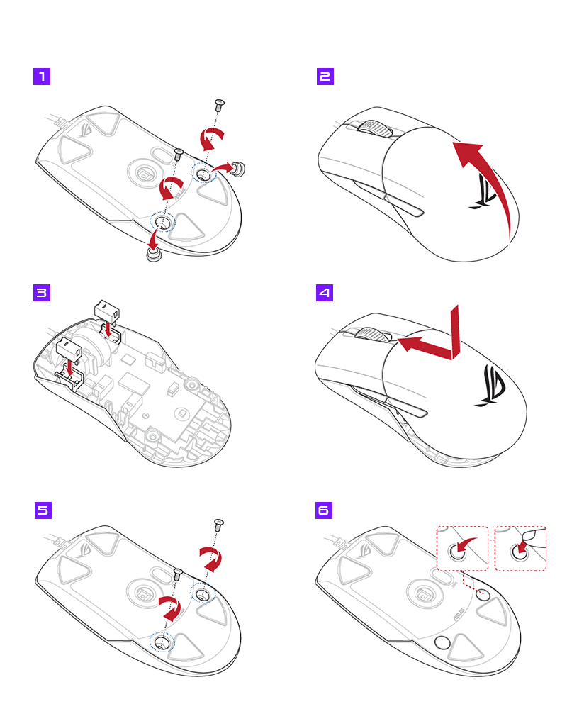 Step 1: Remove the rubber cover and screws from the bottom of the ROG Keris. Step 2: Remove the top cover. Step 3: Remove the old switches from the sockets and swap in new ones. Step 4: Slide the top cover back on. Step 5: Put the screws back in.  Step 6: Remember to fit the rubber covers back in.