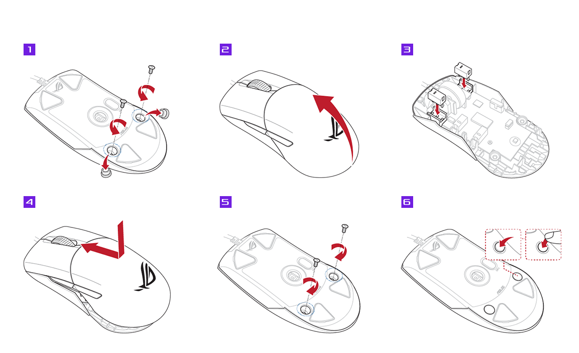 Step 1: Remove the rubber cover and screws from the bottom of the ROG Keris. Step 2: Remove the top cover. Step 3: Remove the old switches from the sockets and swap in new ones. Step 4: Slide the top cover back on. Step 5: Put the screws back in.  Step 6: Remember to fit the rubber covers back in.