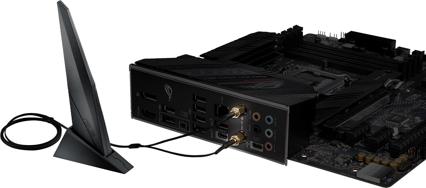 ROG Strix B560-G Gaming WiFi with connected WiFi 6 antenna
