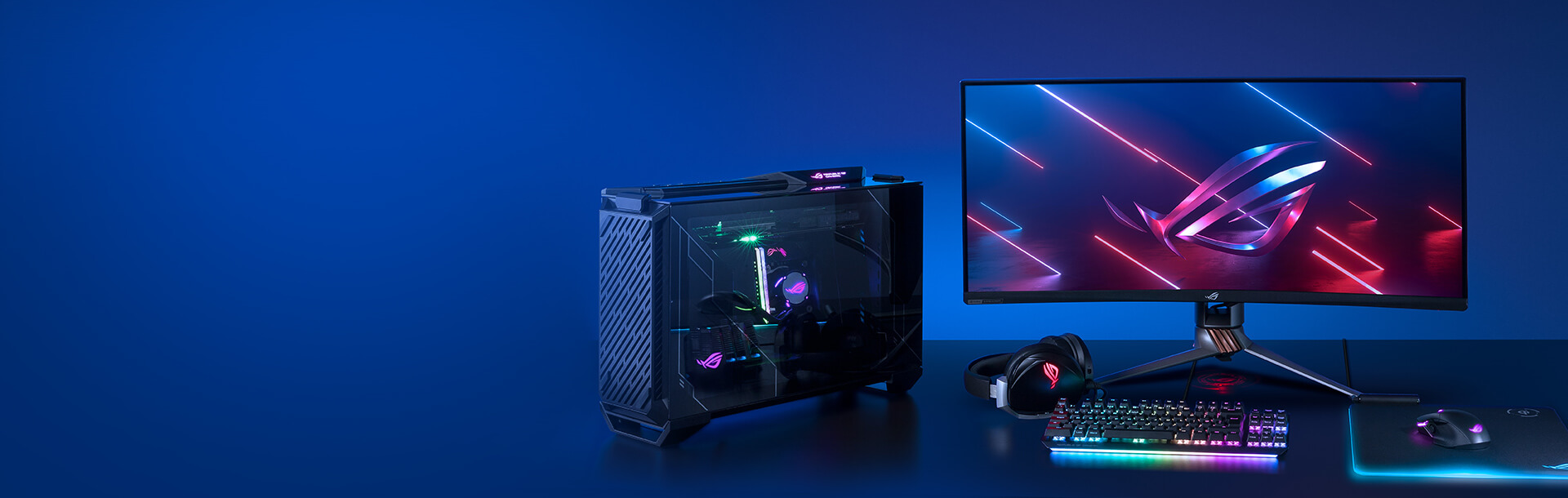 Gaming setup featuring ROG Strix products and RGB lighting
