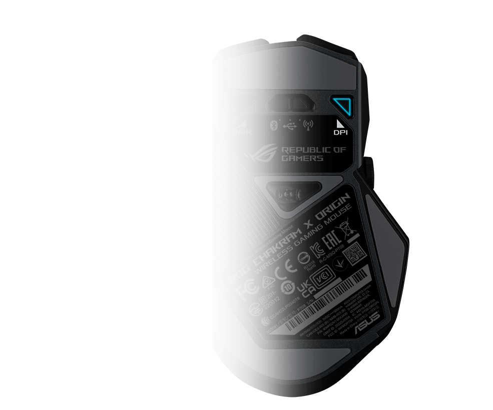 A bottom view of the mouse. The DPI button is marked out. 
