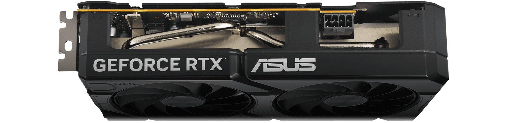 Vista angolata dall'alto della scheda ASUS Dual GeForce RTX 5060