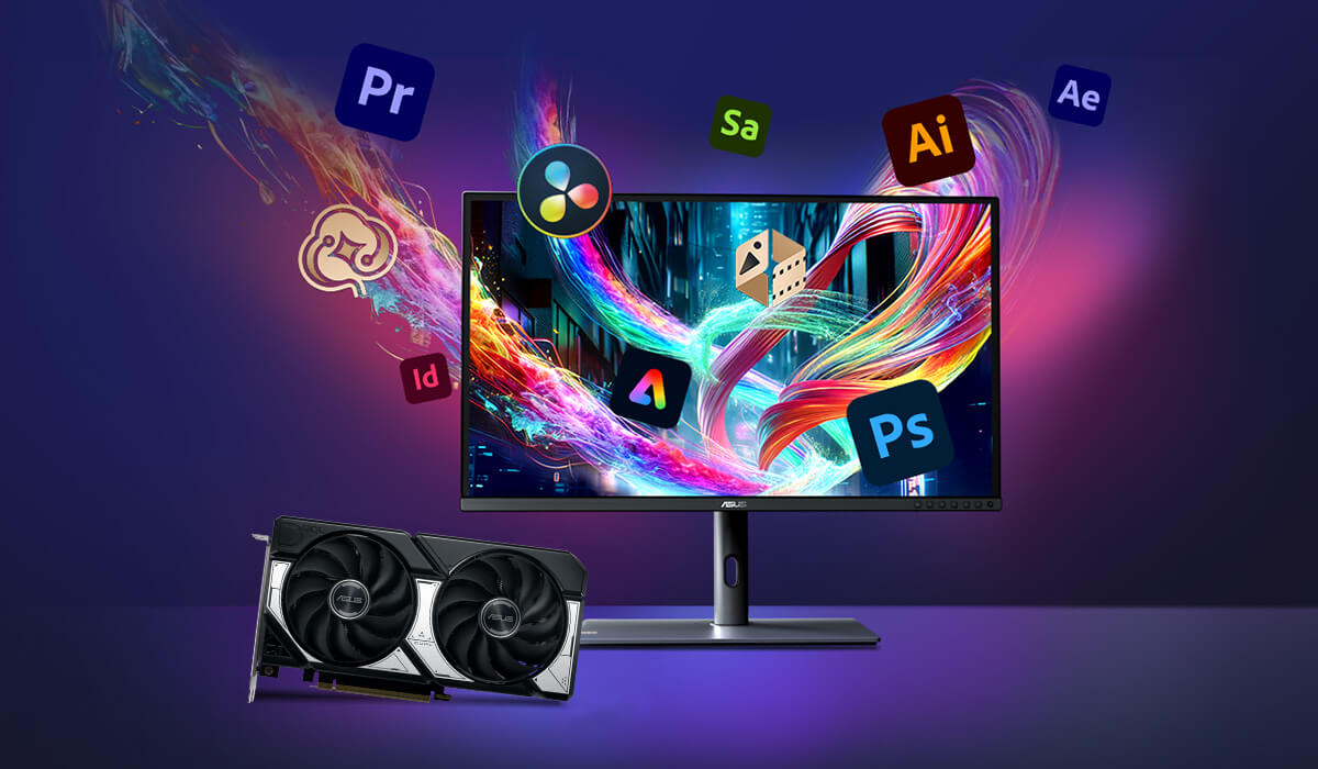Monitor su una scrivania, con i loghi dei prodotti Adobe che fluttuano intorno al monitor