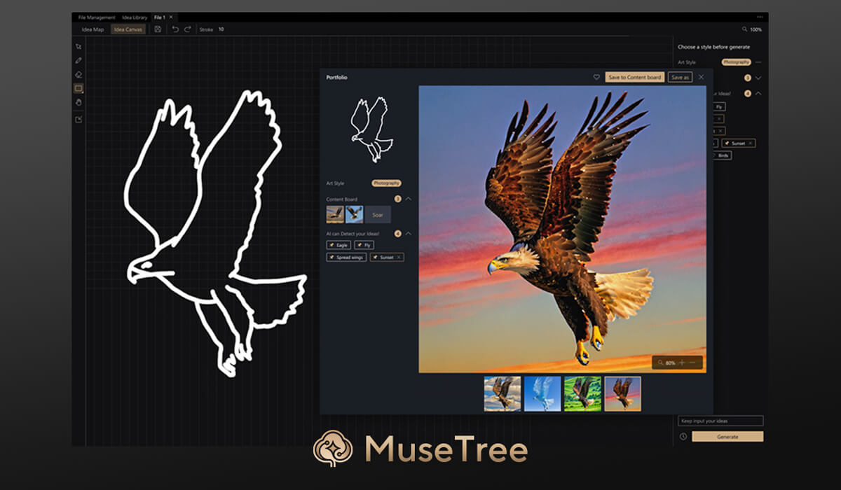 Interfaccia di un software di arte digitale che mostra un disegno di un'aquila a sinistra e un'immagine colorata di un'aquila in volo a destra, con vari strumenti e opzioni di modifica.