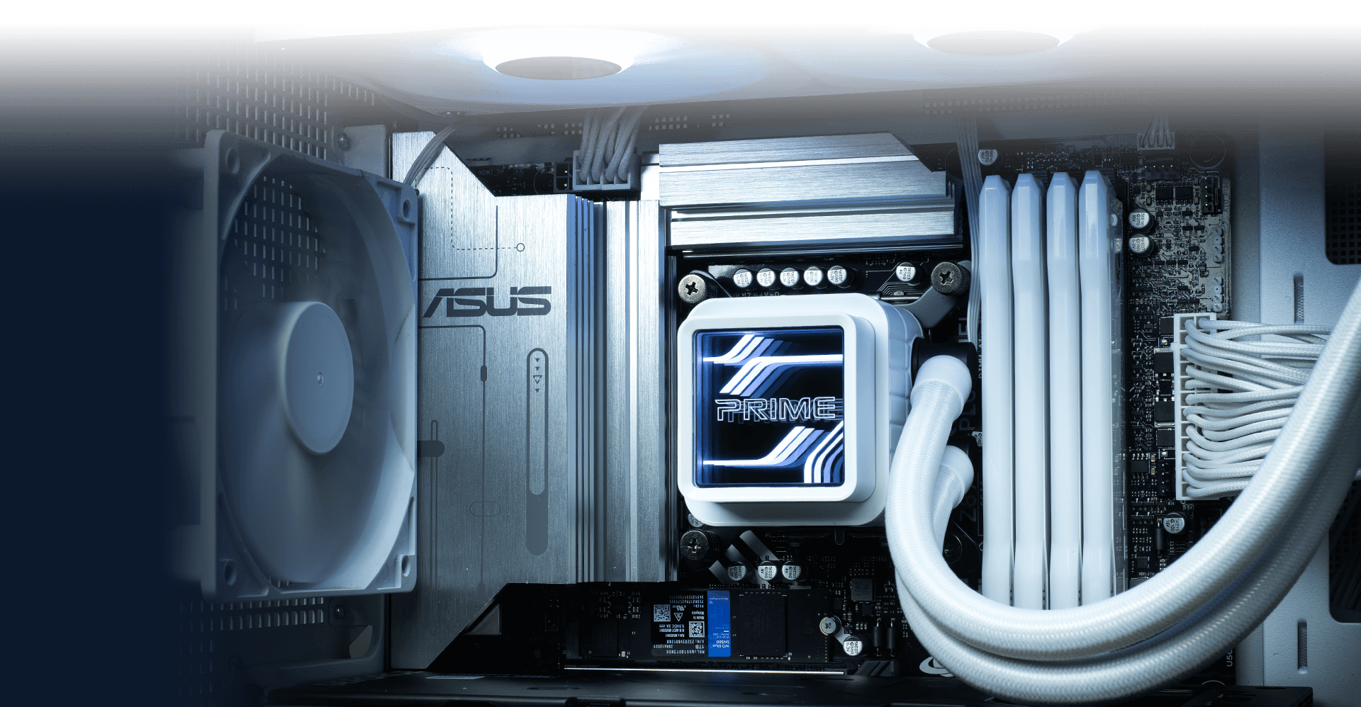 Prime LC 360 ARGB White Edition's PC Build Innenraum Nahaufnahmen, die die Schönheit der Prime-Serie PCs zeigen
