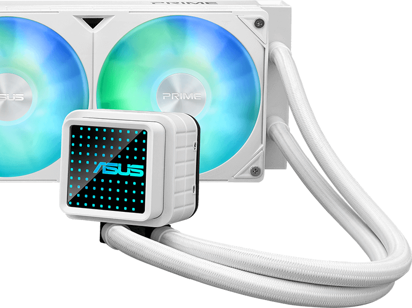 Ein Frontfoto der Prime LC 360 ARGB White Edition mit einer Nahaufnahme des anpassbaren Unendlichkeitsspiegelbereichs im Wasserblock