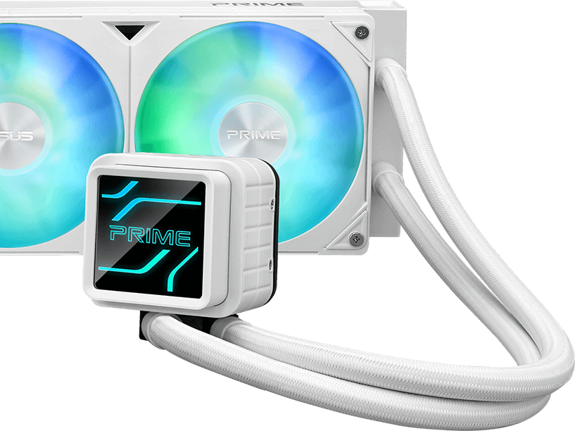 Ein Frontfoto der Prime LC 360 ARGB White Edition mit einer Nahaufnahme des anpassbaren Unendlichkeitsspiegelbereichs im Wasserblock