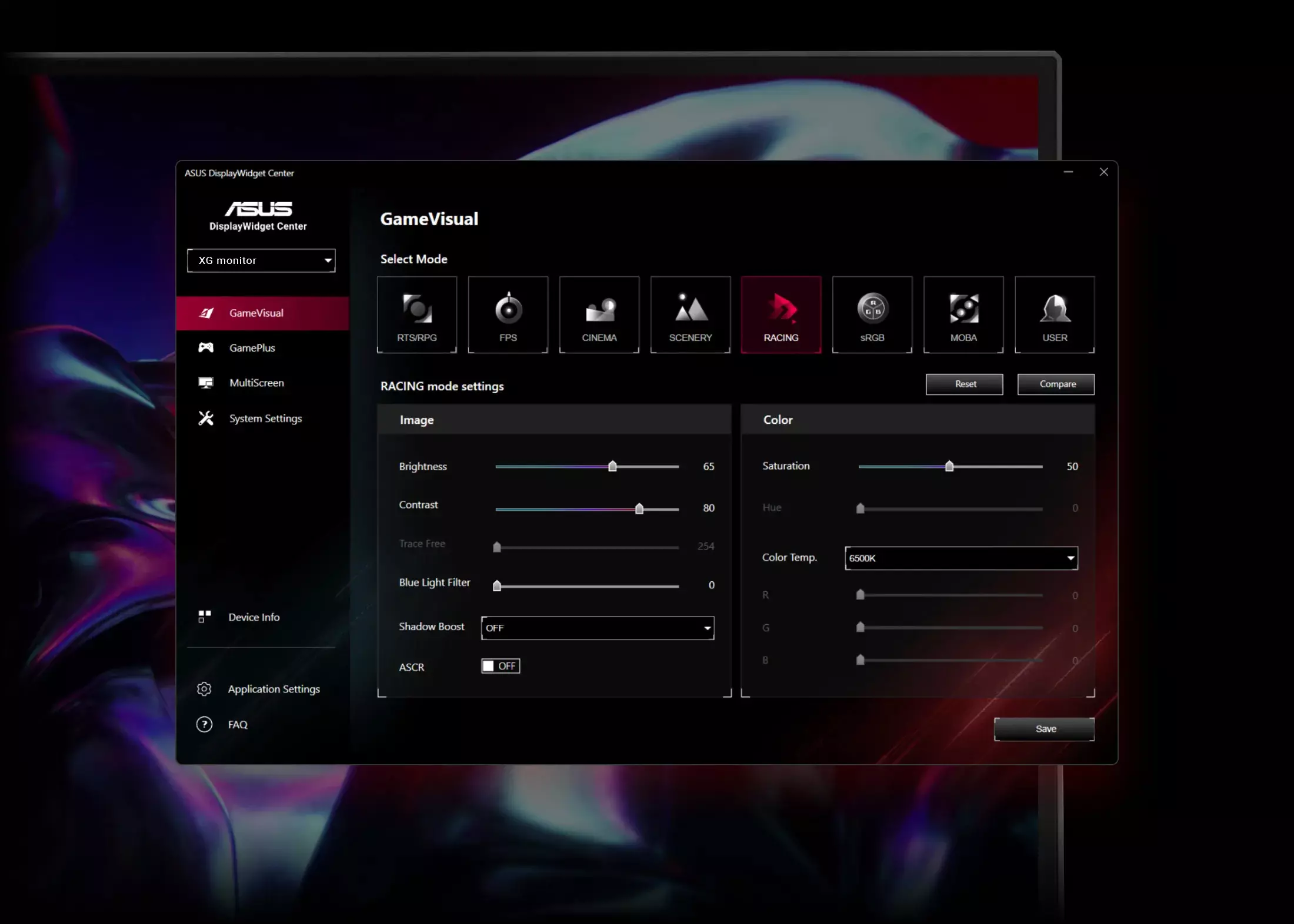 Screenshot of the ASUS ROG Strix  monitor's DisplayWidget Center interface for easy OSD access and settings adjustments.