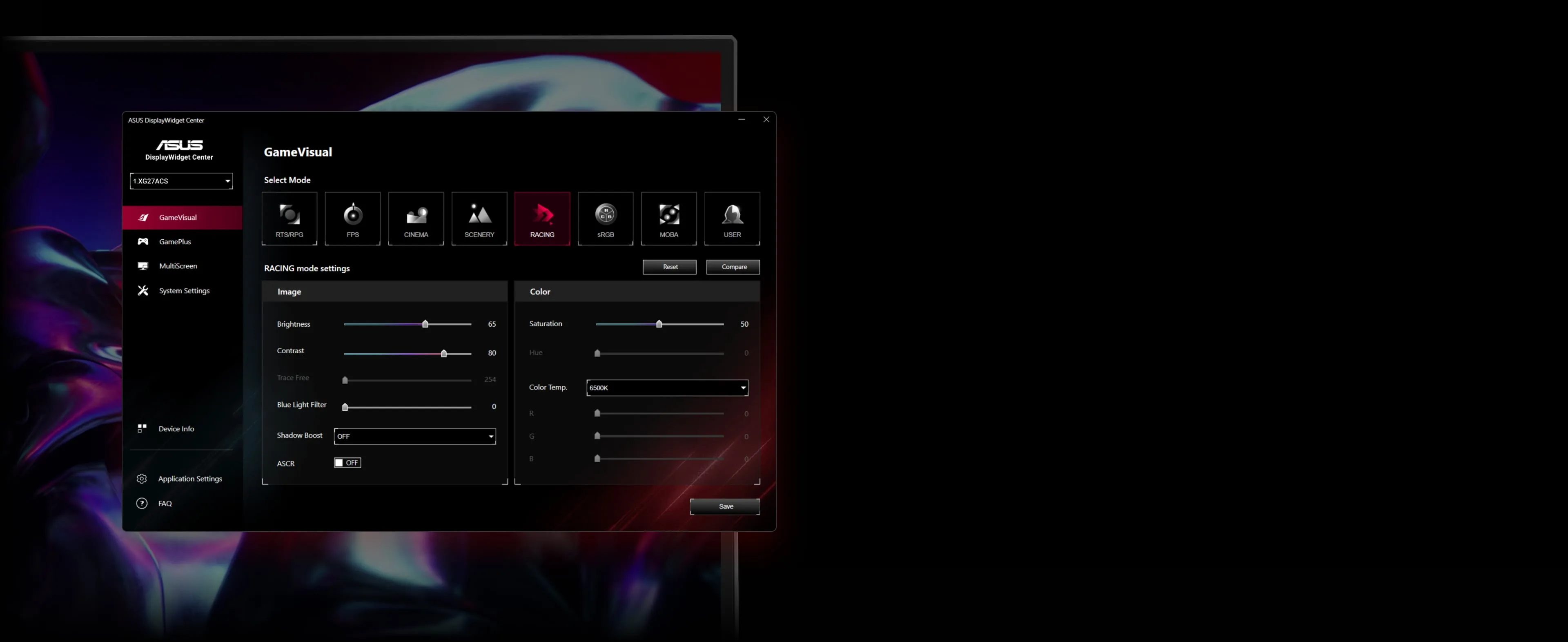 Screenshot of the ASUS ROG Strix monitor's DisplayWidget Center interface for easy OSD access and settings adjustments.