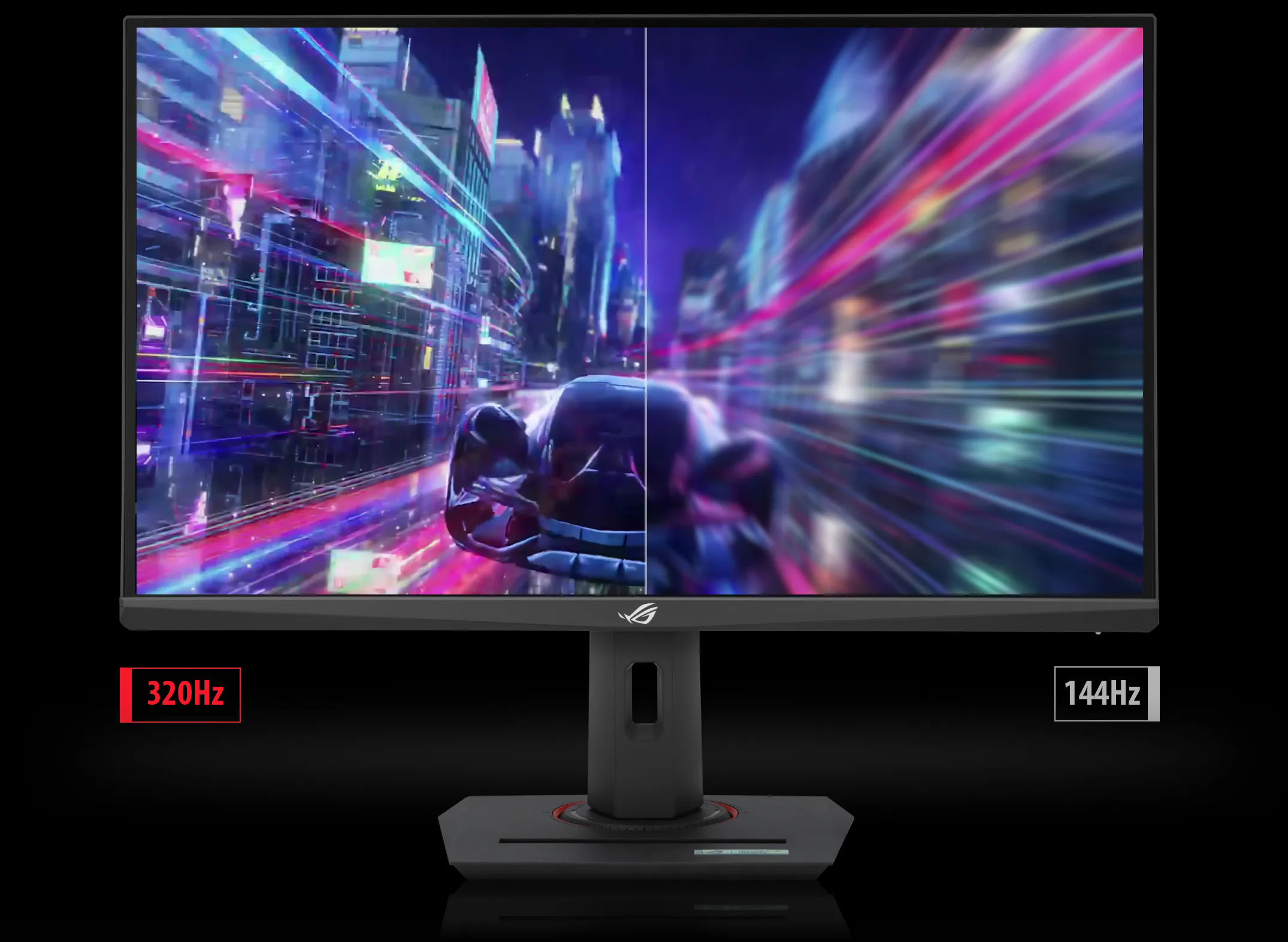 Front view of ASUS ROG Strix gaming monitor displaying the comparison image between 180hz and 60hz in-game visuals