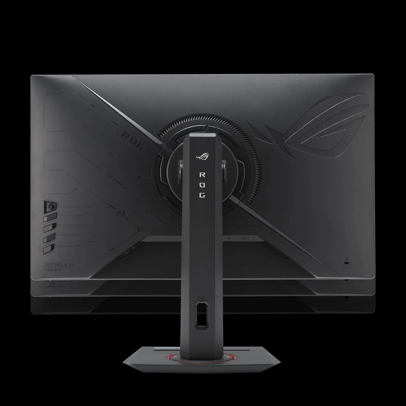 Side view of the ASUS ROG Strix monitor with a slim profile and adjustable stand for tilt, pivot, and height.