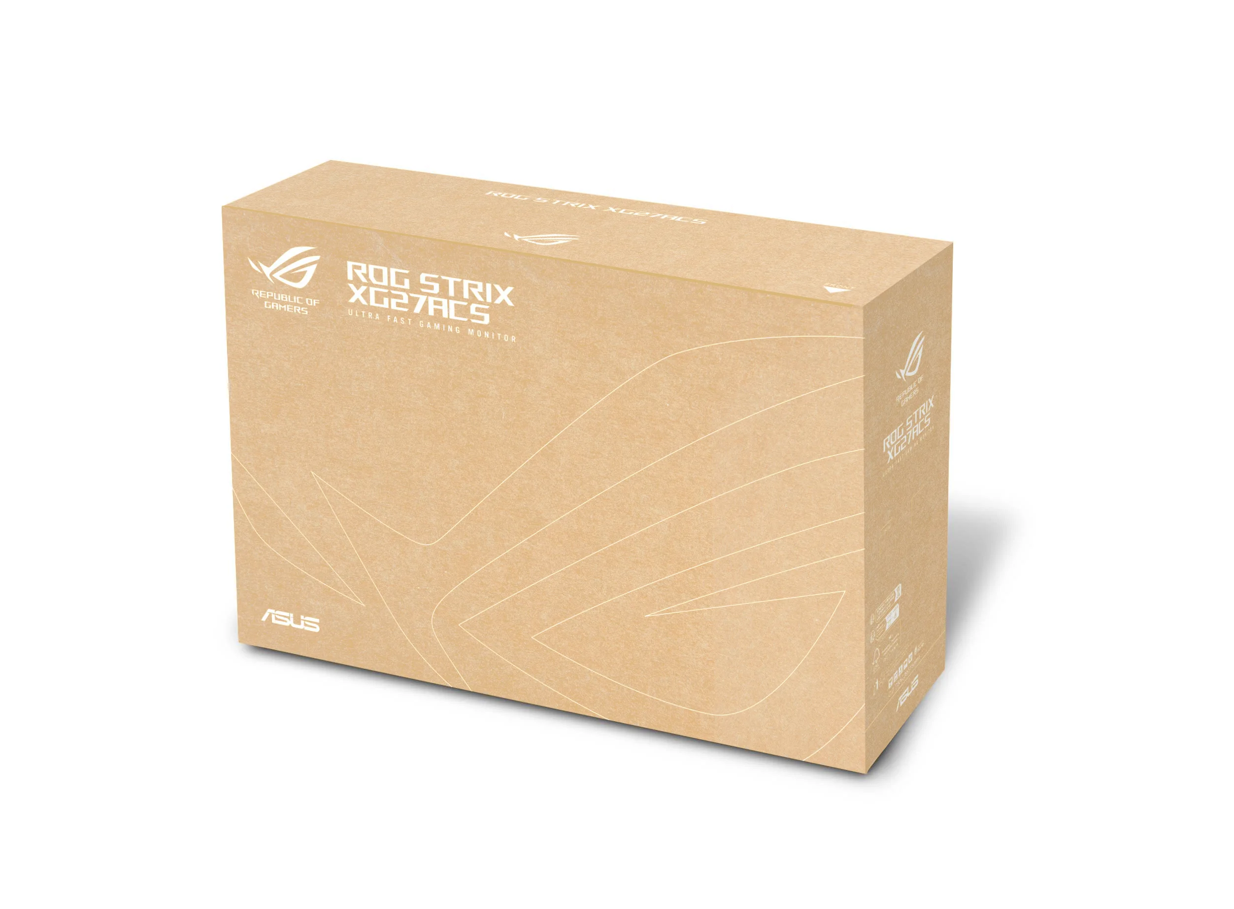 ASUS ROG Strix monitor box highlighting the eco-friendly packaging made from recycled cardboard