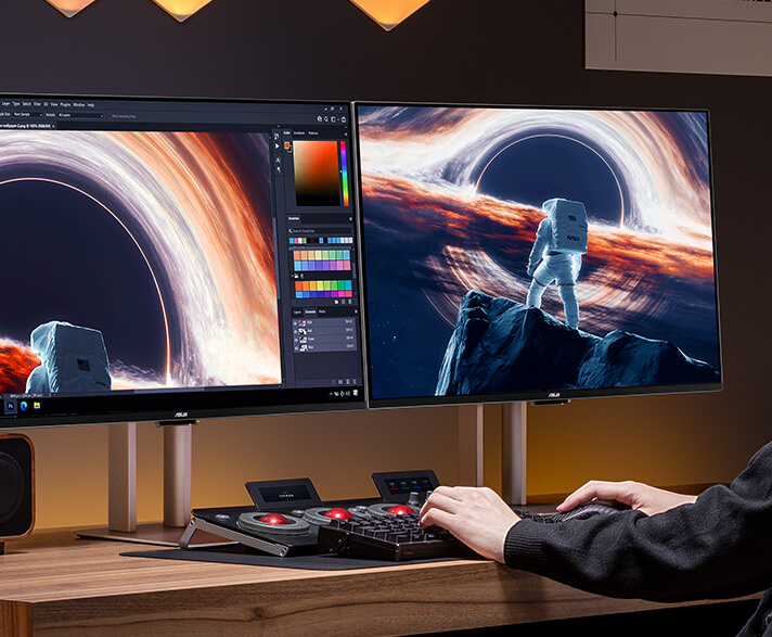 A creator working his project on two ProArt Displays