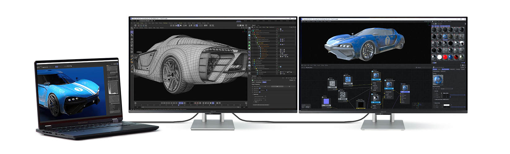A laptop with two daisy-chained monitors showcasing a 3D model of a car.