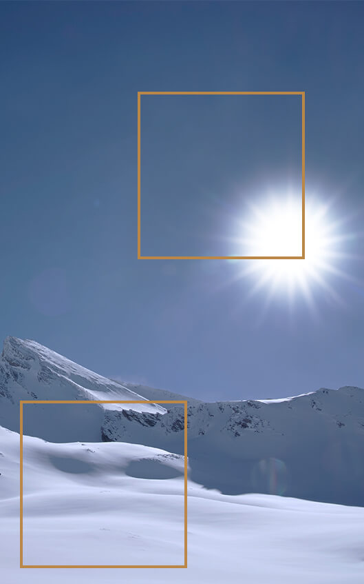 With the PQ Basic setting applied, the sun and snow in the image appears less bright.