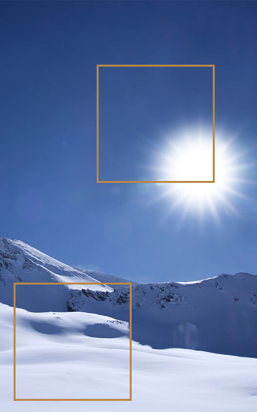With the PQ Optimized setting applied, the image shows the actual brightness of the sun and snow.