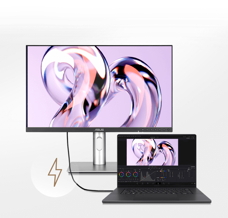 an image of a laptop connected to a monitor via a single USB-C cable. A vibrant image is displayed on the monitor.