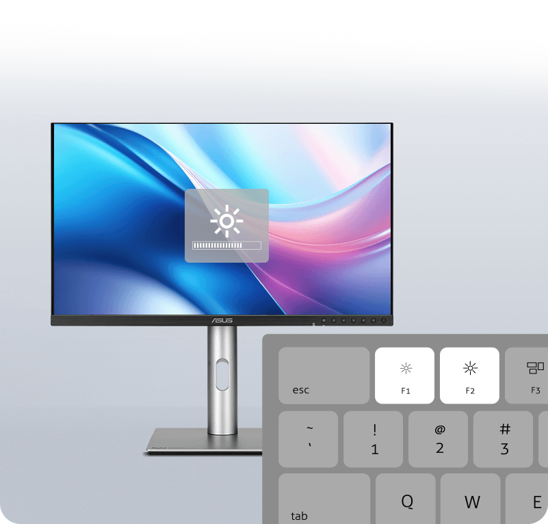 ProArt Display showing the brightness icon against a colorful swirl background. The enlarged keyboard section highlights the F1 and F2 keys.