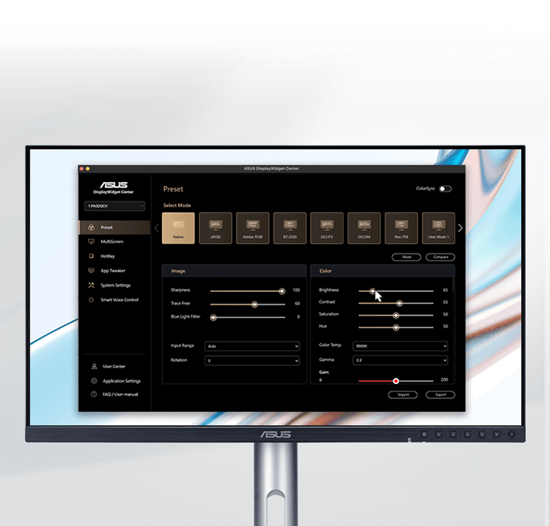 ProArt Display showing the ASUS DisplayWidget Center interface for macOS, featuring adjustable settings.