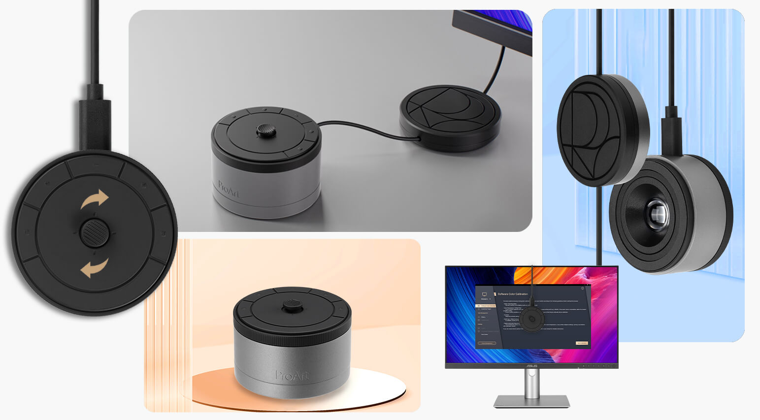 Sleek black and gray ProArt CaliContrO connected to a minimalistic device on a clean desk.