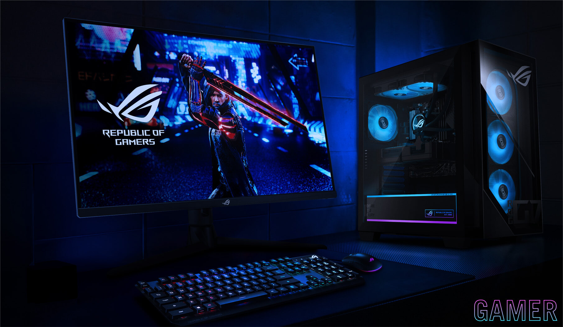 Depicting an RGB-illuminated G700 desktop alongside a monitor and keyboard against a glowing blue background.