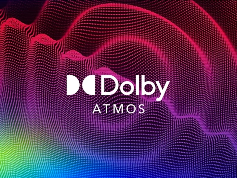 Ikona Dolby Atmos ispred ljubičastih zvučnih talasa.
