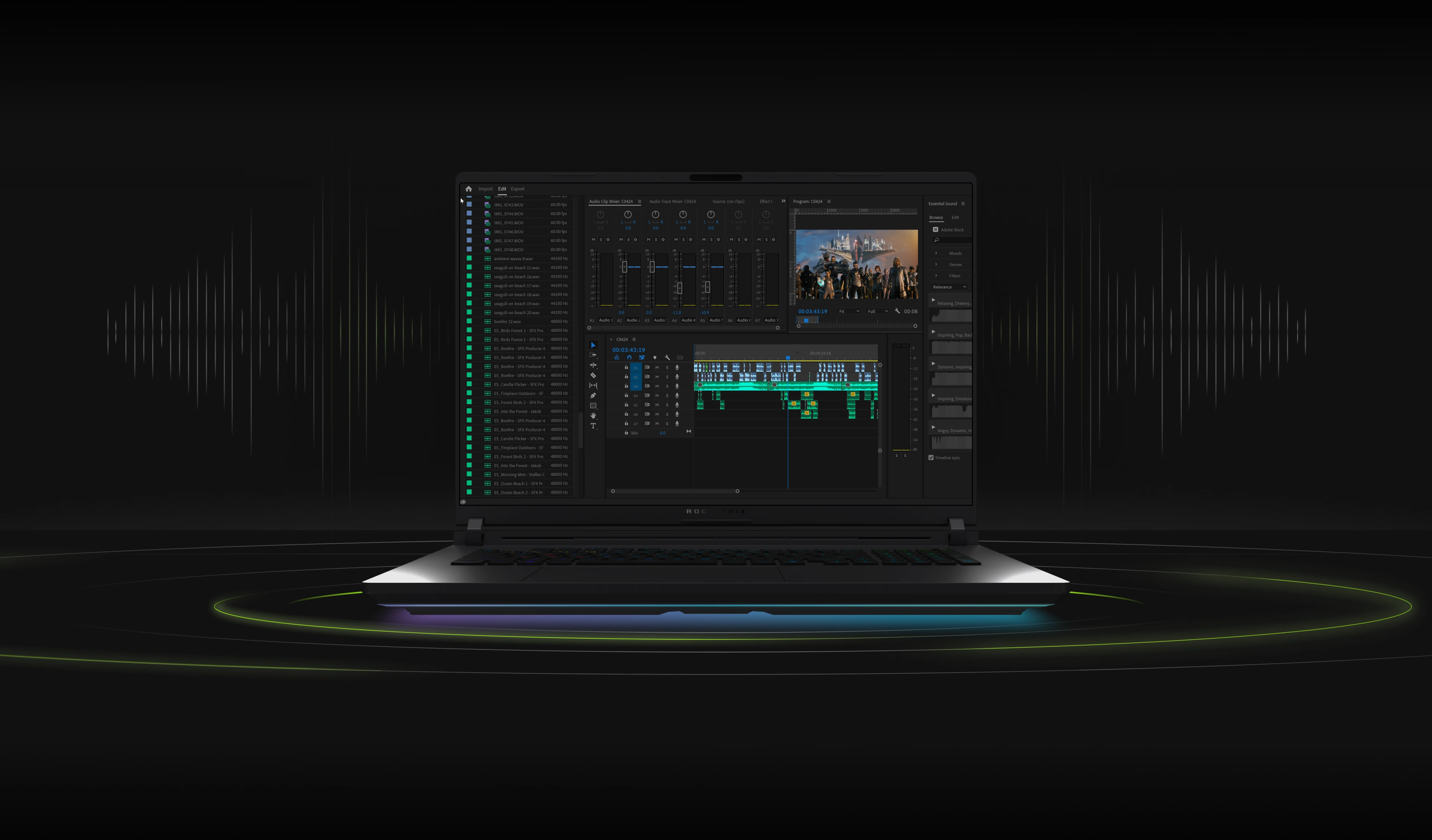 ROG Strix laptop sa programom za uređivanje video zapisa koji se prikazuje na ekranu.