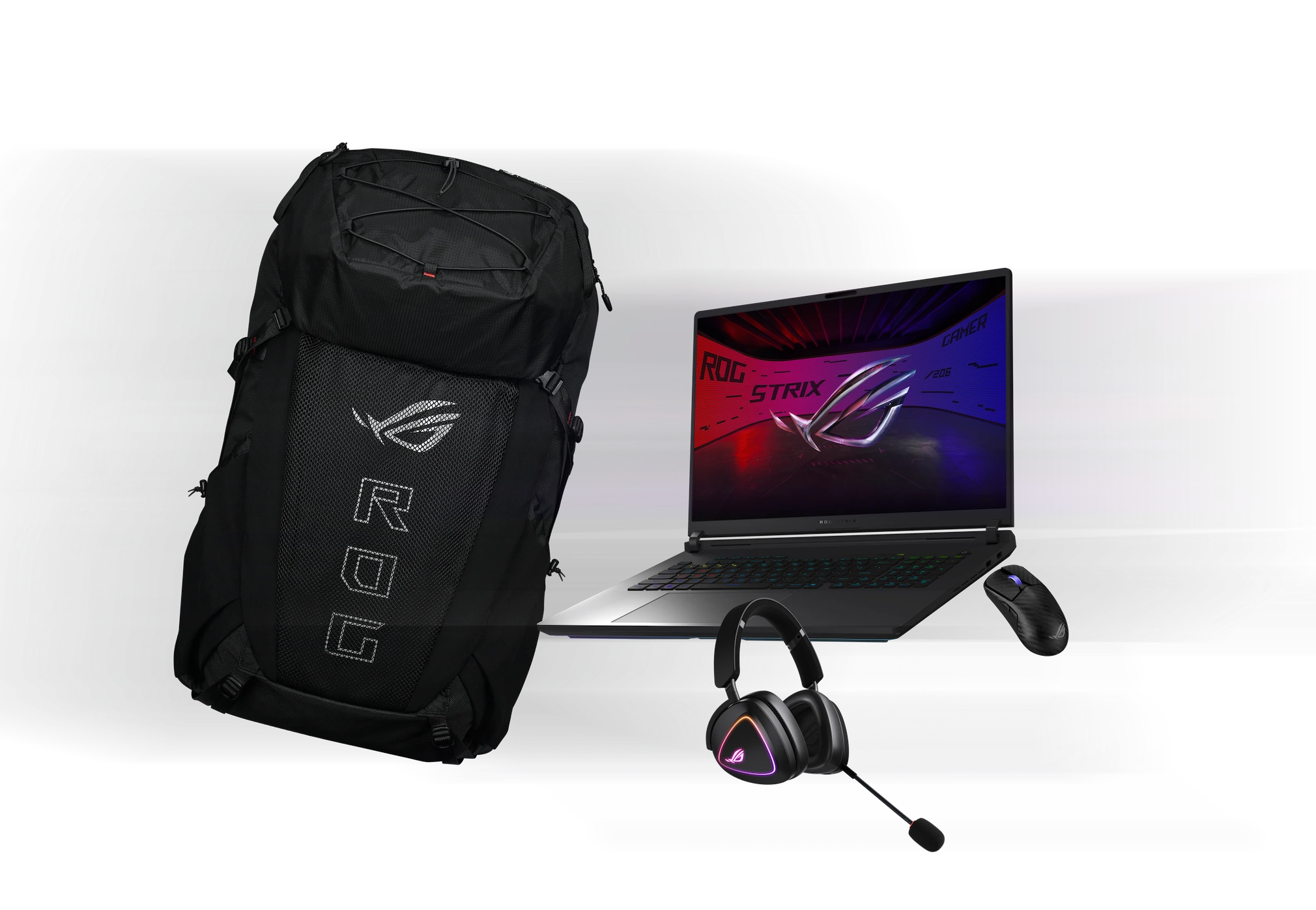 S leva na desno; ROG Archer ErgoAir Gaming Backpack, ROG Delta II slu&scaron;alice, Strix G18, i ROG Harpe Ace Ektreme mi&scaron;.