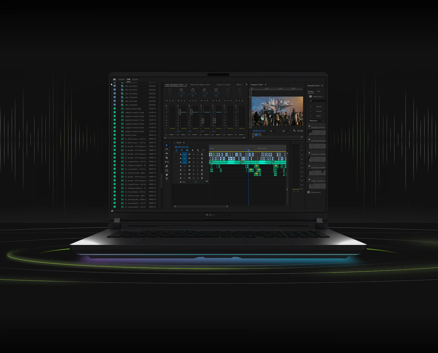 ROG Strix laptop sa programom za uređivanje video zapisa koji se prikazuje na ekranu.