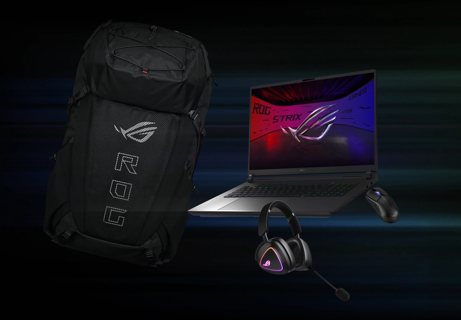 S leva na desno; ROG Archer ErgoAir Gaming Backpack, ROG Delta II slu&scaron;alice, Strix G18, i ROG Harpe Ace Ektreme mi&scaron;.