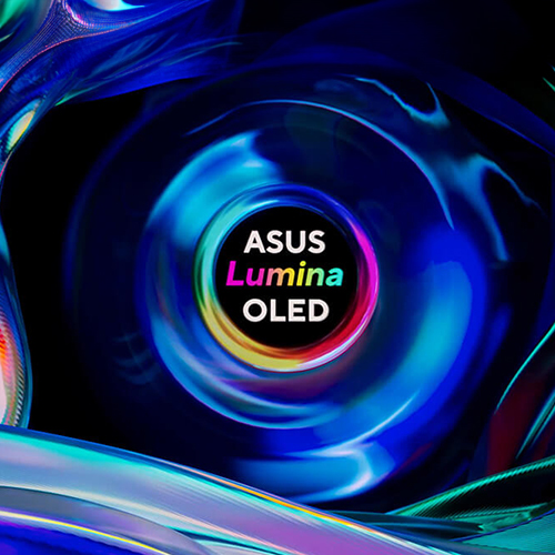 ASUS Lumina OLED is displayed at the center of the image in a glossy, colorful, flowing background.