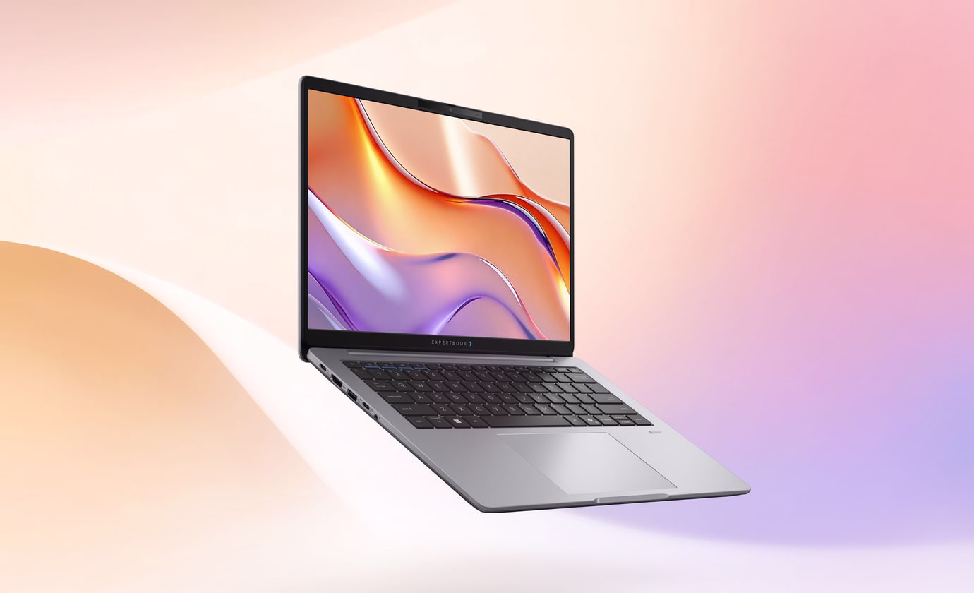 Ноутбук ExpertBook P3 G2 показан на фоне, выполненном в пастельных оттенках.