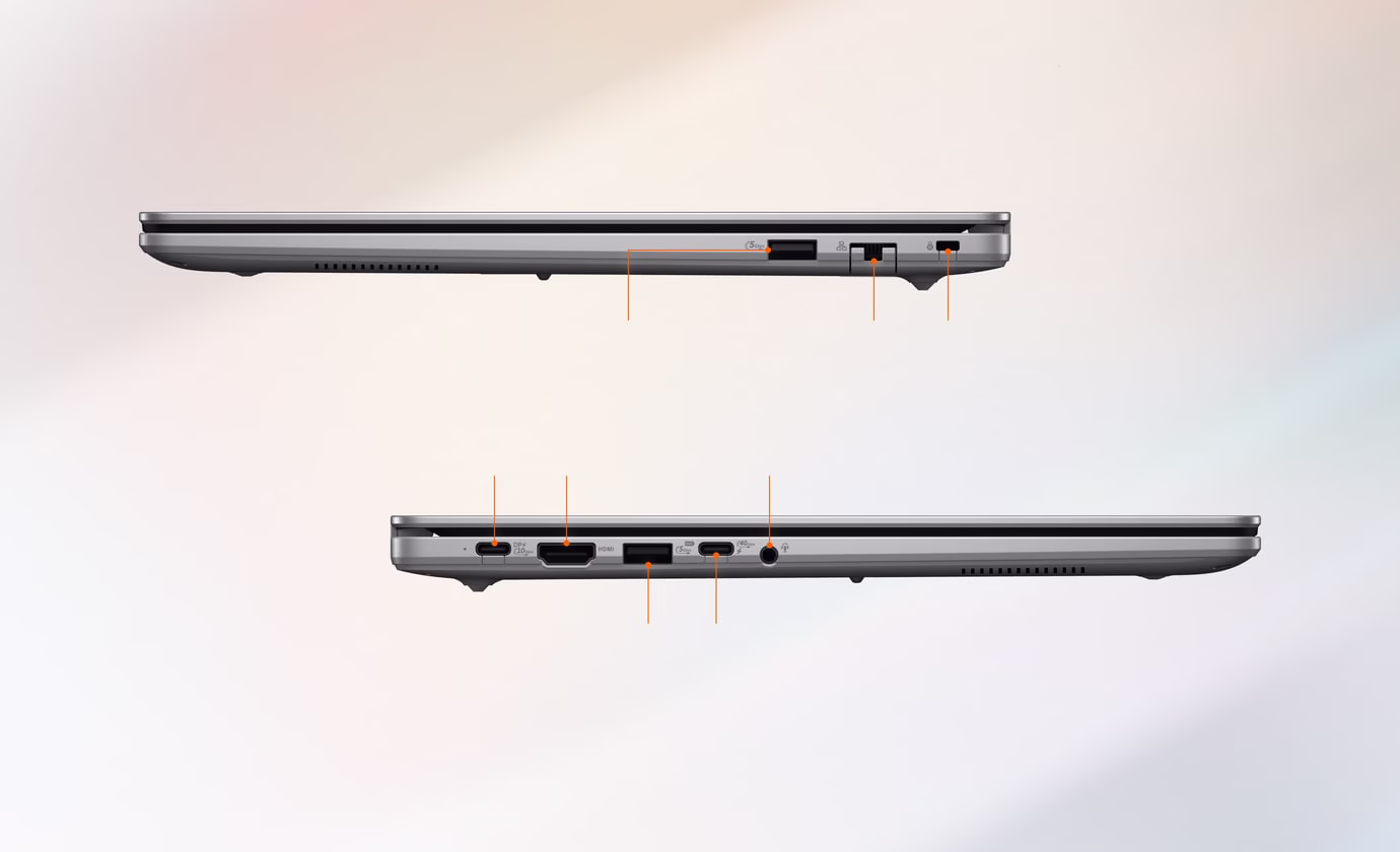 Два ноутбука ExpertBook P3 G2 показаны сбоку, так что видны их интерфейсные разъемы справа и слева.
