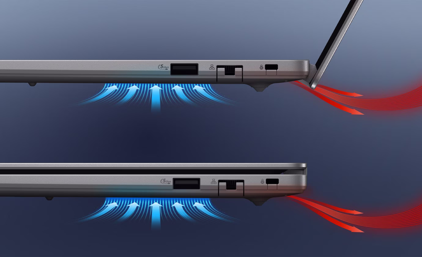 Вид сбоку на два ноутбука ExpertBook P3 G2: один с открытой крышкой и второй с закрытой крышкой. На иллюстрации показана схема потоков холодного и горячего воздуха.