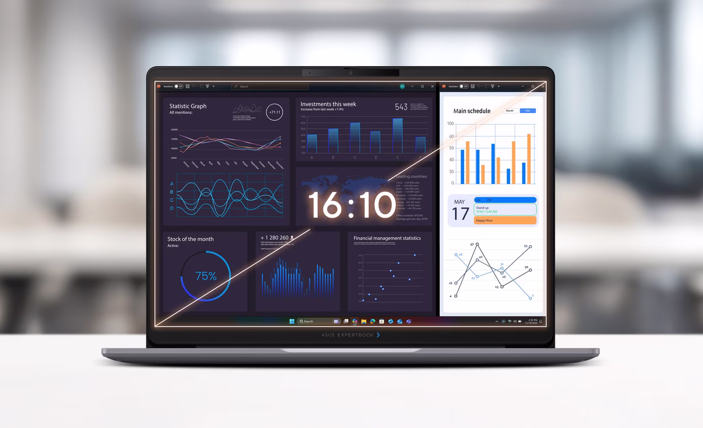 ASUS ExpertBook P3 G2 set against office background, with business charts complemented by 16:10 text and a sleek diagonal line inscreen.
