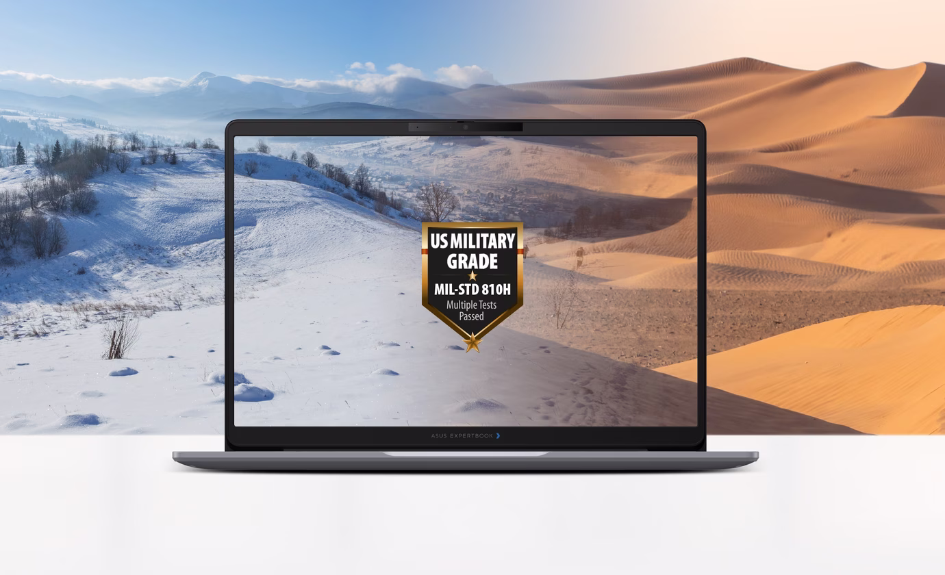 Showcasing military grade durability, with ASUS ExpertBook P3 G2 showcasing snow mountain on the left and desert on the right featuring MIL-STD-810H badge on display screen.