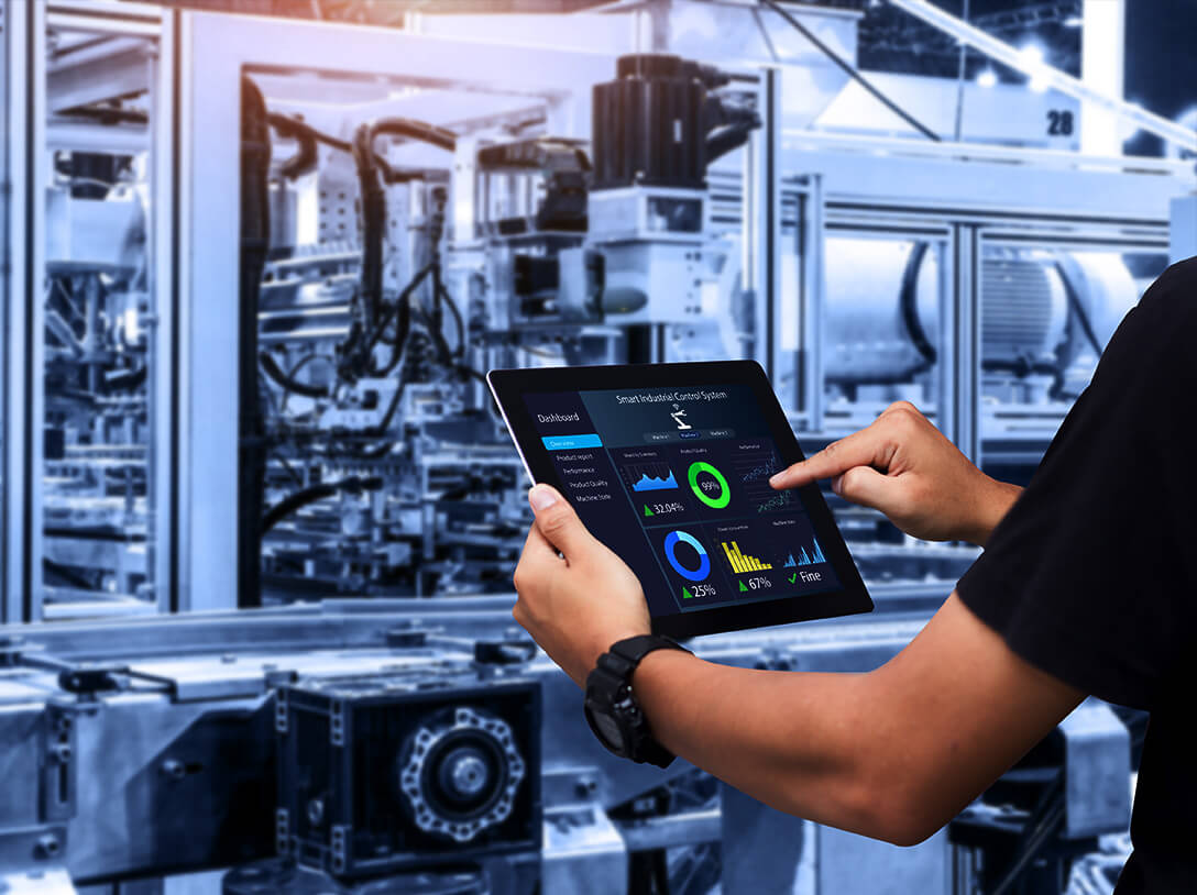 WiFi 7 for industrial 4.0 scenario with a man operating an IOT device in the factory