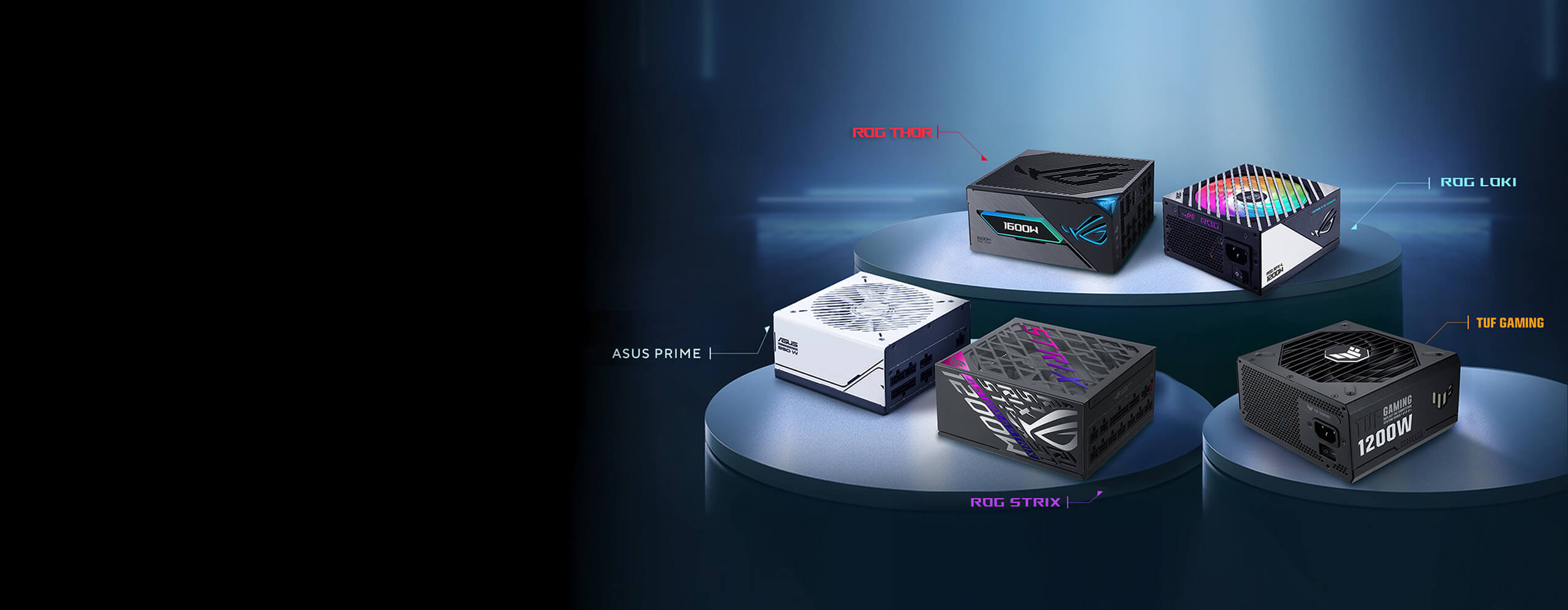 ROG THOR, ROG LOKI, ROG STRIX, TUF GAMING, PRIMES SERIES Foto di gruppo delle PSU esposte sul podio