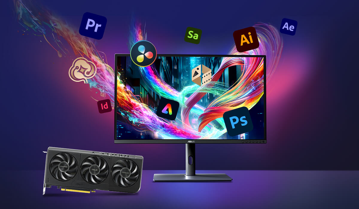 Monitor su una scrivania, con i loghi dei prodotti Adobe che fluttuano intorno al monitor